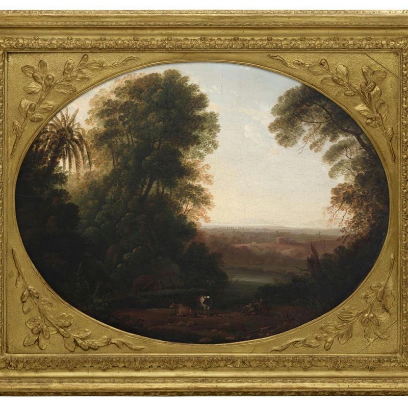 Evening: A Wooded Landscape by a Lake, with Cattle and a Reclining Figure in the Foreground
