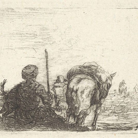 Pack-horse, seated man with staff in right hand, and dog, all viewed from the rear, from the series 'The Small Landscapes'