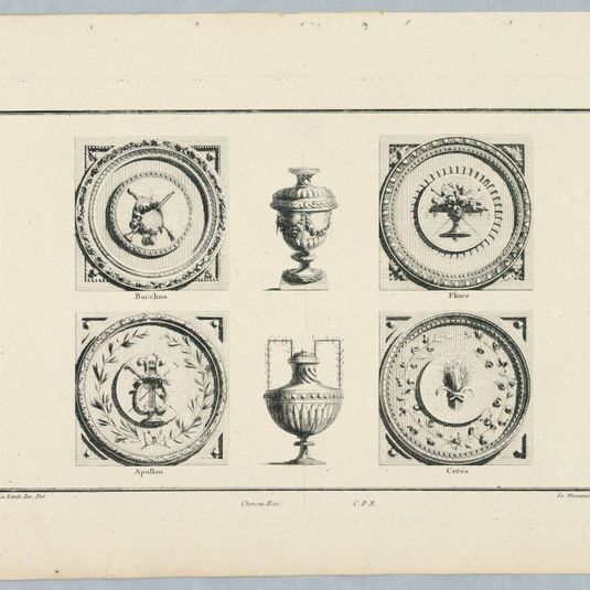 Vessels and Roundels with Attributes of Bacchus, Flora, Apollo, and Ceres