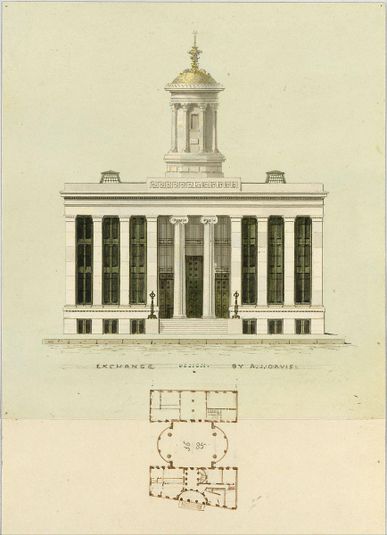Façade Design and Old Plan for the First Merchant's Exchange, New York (unexecuted; front elevation and plan)