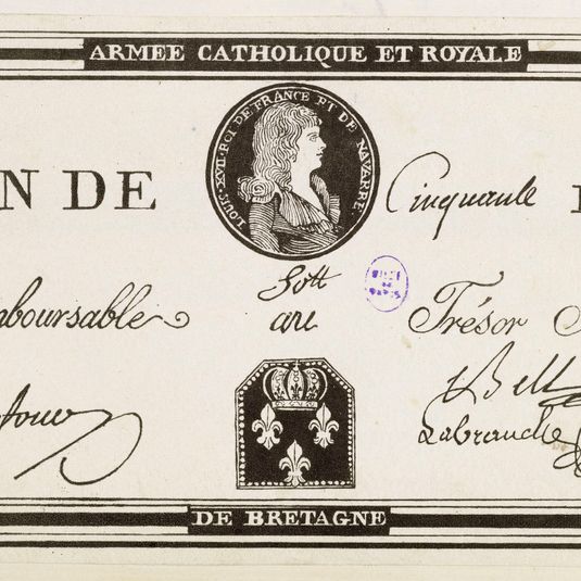 Bon de 50 livres, Armée Catholique et Royale de Bretagne, effigie de Louis XVII, n° 573 - A