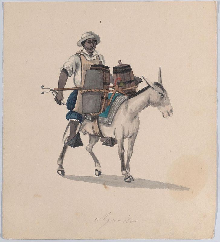 A watercarrier riding a donkey, from a group of drawings depicting Peruvian costume