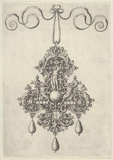 Pendant Design with a Male Diety with a Shield Flanked by Two Reclining Men