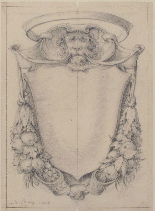 Design for a Cartouche Surmounted by a Lion's Head in Scrollwork Suspending Swags of Fruit and Leaves