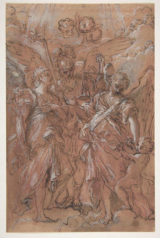 The Archangels Gabriel, Michael and Raphael (recto); sketches of figures (verso)