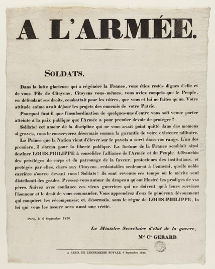 A L'ARMEE./ SOLDATS,/ Dans la lutte glorieuse qui a régénéré la France, vous étiez restés dignes d'elle et/ de vous.