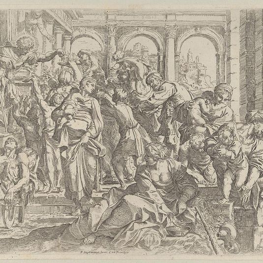 Saint Roch at left distributing alms to a group of people gathered around him, after Annibale Caracci