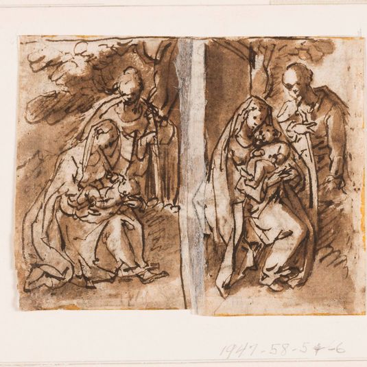 Half Page of a sketchbook; Virgin and Child and a third figure