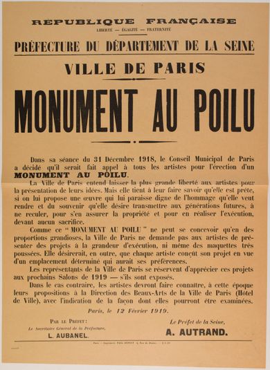 REPUBLIQUE FRANCAISE/ LIBERTE - EGALITE - FRATERNITE/ PREFECTURE DU DEPARTEMENT DE LA SEINE/ VILLE DE PARIS/ MONUMENT AU POILU
