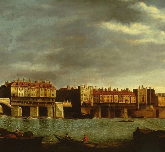 Old London Bridge, from Southwark with Boats and Figures on the River Thames