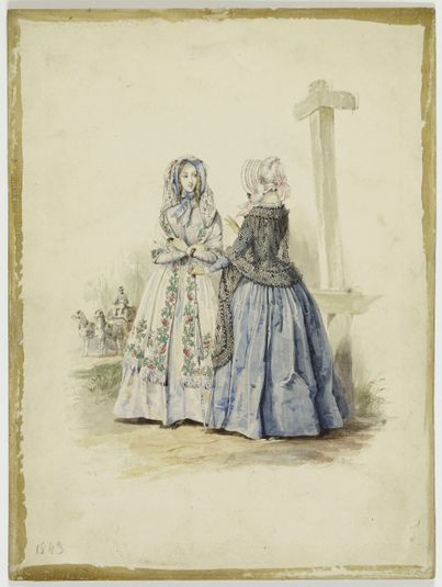 Figure en robe blanche à motifs de chardons ; figure vue de trois quarts dos en robe bleue et mantelet de dentelle noire, planche n° 5, Fonds XIXème siècle par auteurs