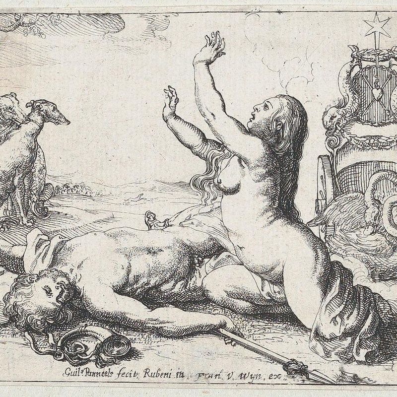 Venus mourning Adonis, who lies on the ground at left with his dogs behind him