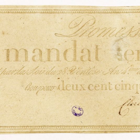 Promesse de mandat territorial. Bon pour 250 francs, n° 98765, 28 Ventôse an 4