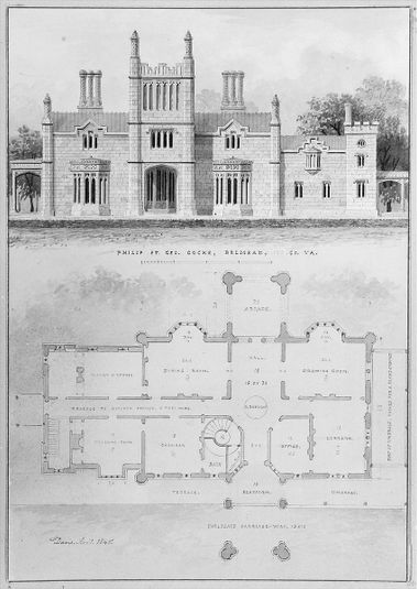 Belmead, for Philip St. George Cocke, Powhatan Co., Virginia (elevation and plan)
