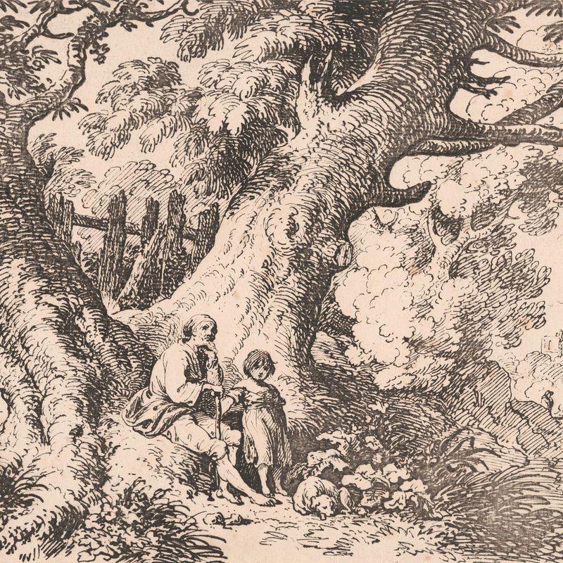 Old Trees with Old Man, Child and Dog