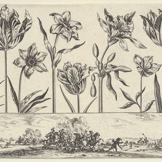 Horizontal Panel with a Row of Flowers Above a Frieze with a Battle Scene in a Landscape, from Livre Nouveau de Fleurs Tres-Util