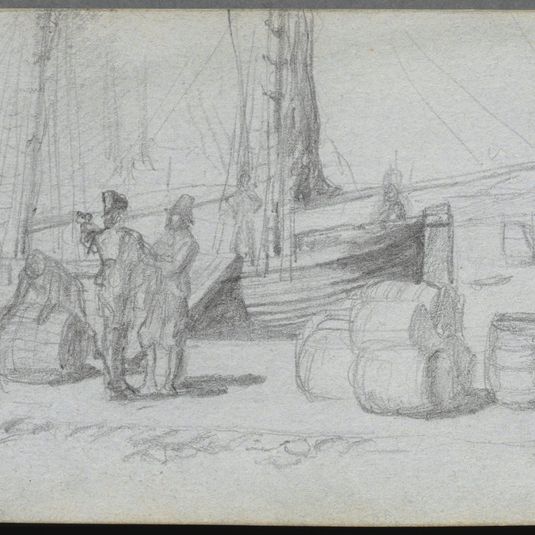 Sketchbook, page 50: Boats, Figures, Cargo on a Beach
