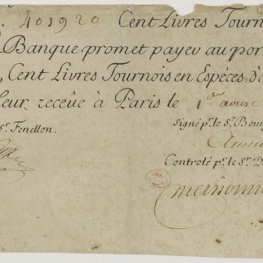Billet de 100 livres tournois n° 401920, 1er août 1719