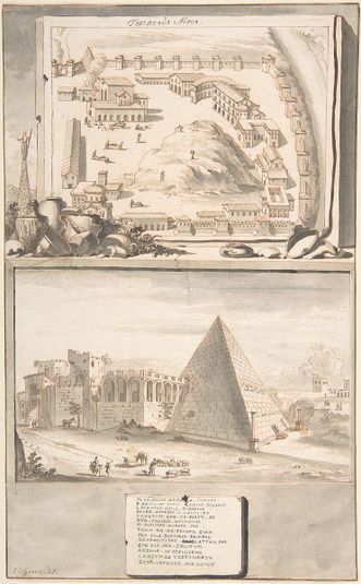 View of the Mons Testaceus (above) and the Pyramid of Cestius (below)