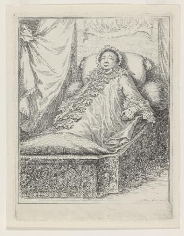 Lijk van de prinses gouvernante op haar praalbed, 5 februari 1759