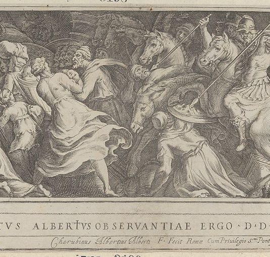 The Triumph of Two Roman Emperors (left-hand side) with soldiers on horseback and men, women, and children fleeing