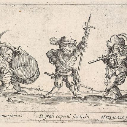 Callot figures; a dwarf man playing the drum at left, a beefeater in center, a flute player to right,'Six grotesques' (Six pièces de figures grotesques)