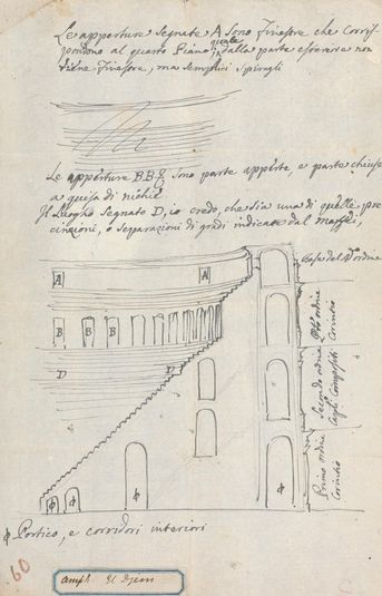 Sketch of Amphitheatre at El Djem showing elevation and section of arches and tiers of seats with descriptive notes