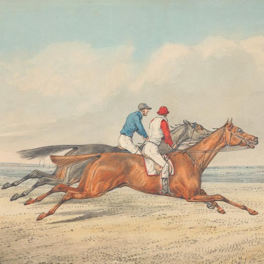 Two Jockeys Galloping Neck and Neck to Right