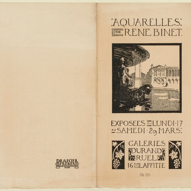 Catalogue des aquarelles de René Binet représentant la place de la Concorde et environ exposées galeries Durand Ruel