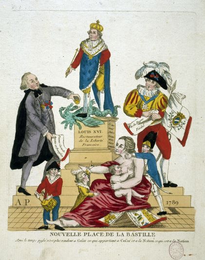 Révolution Française : Nouvelle place de la Bastille. Statue à la gloire de Louis XVI, entourée du Clergé, de la Noblesse et du Tiers Etat. 1789.