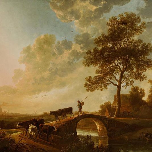 A Herdsman Driving Cattle over a Bridge