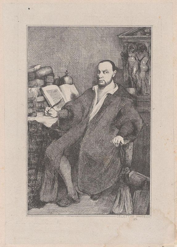 Seated Man with Quill in his Right Hand at Desk Littered with Books
