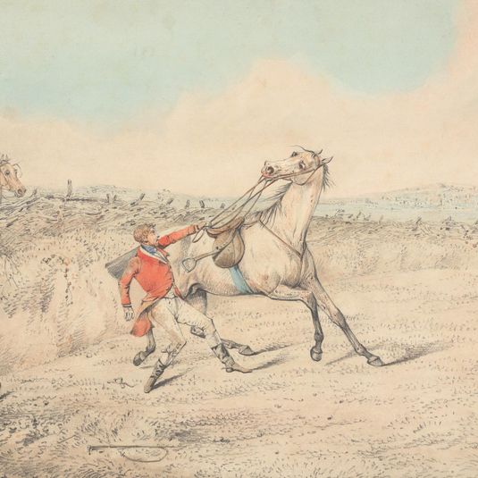Rider Holding on to a Gray Horse After a Fall