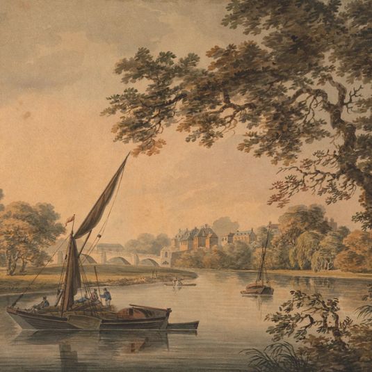 A Bridge over the Thames, with sailing barges in the foreground