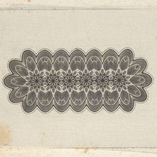 Banknote motifs: panel of lathe work ornament with rounded ends, with a repeating floral pattern
