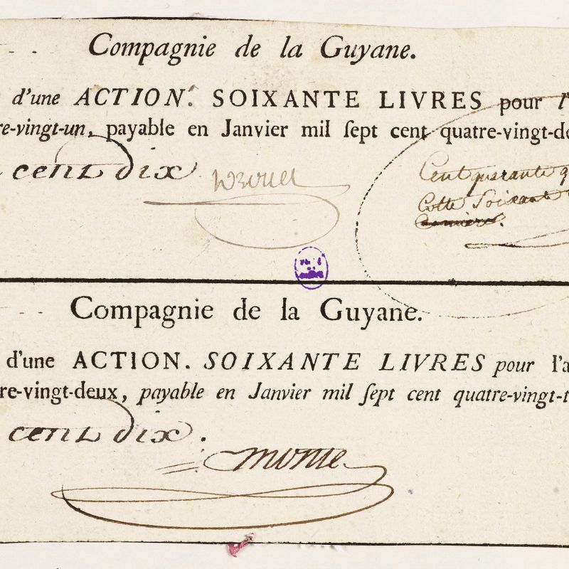 Deux coupons d'action de 60 livres, Compagnie de la Guyane, n° 610, payable en janvier 1783