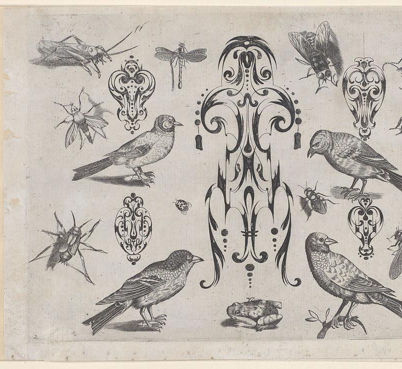 Blackwork Designs with Birds and Insects, Plate 2 from a Series of Blackwork Ornaments combined with figures, birds, animals and flowers