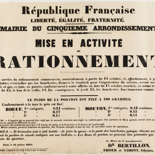 République Française/ LIBERTE, EGALITE, FRATERNITE./ MAIRIE DU CINQUIEME ARRONDISSEMENT/ MISE EN ACTIVITE/ DU/ RATIONNEMENT