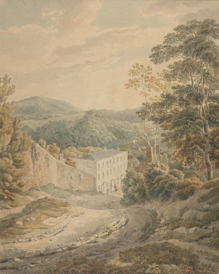 Landscape, Looking Downhill to a Village Dominated by a Large Three-Storied Stone House