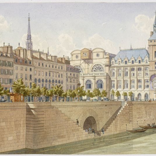 Le quai de la Cité et la tour de l'Horloge en 1855 (la flèche de la Sainte-Chapelle reconstruite).