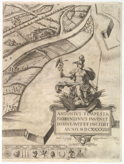 Plan of the City of Rome. Part 12 with the Southwestern Border of the City and a Large Cartouche with Signature by Tempesta.