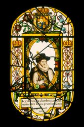 1. Stained and painted glass panel showing portrait of James VI and I, 1619and LGBTQIA+ Hidden Histories Trail