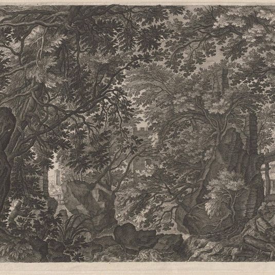 Hunters in a Forest near a Wooden Bridge