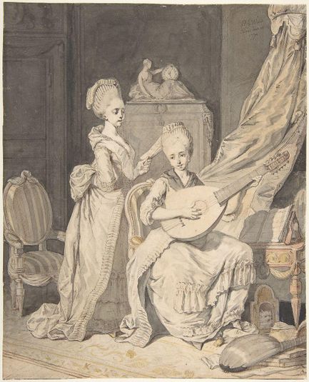 Two Women in an Elegant Interior: a Singer Accompanied by a Lutenist