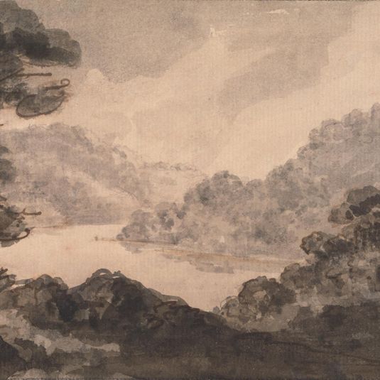Mountainous Landscape with River, Trees and Foliage in Foreground