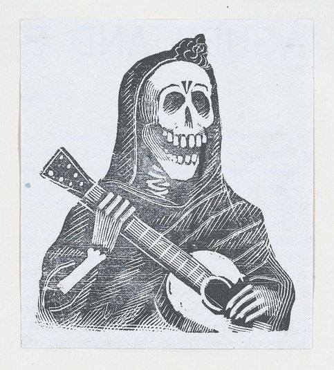 Female skeleton playing the guitar (vignette for the feast of the dead)