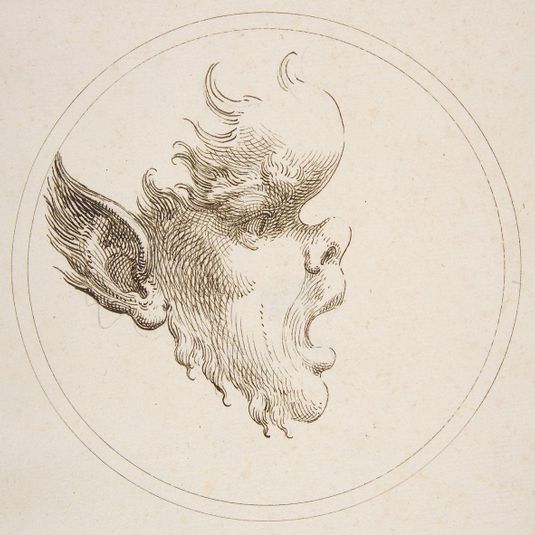 Grotesque Head With a Bulging Forehead Looking to the Right Within a Circle