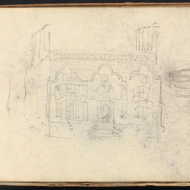 Album of Landscape and Figure Studies: Facade of a House and Sketch of a Man With a Cane