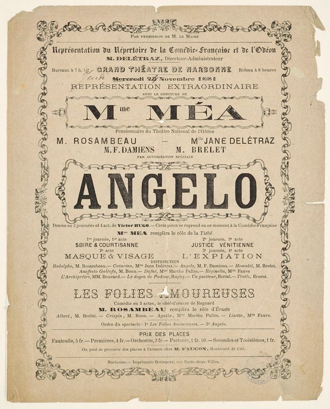[Angelo, tyran de Padoue] Représentation au Théâtre de Narbonne le 24 novembre 1881