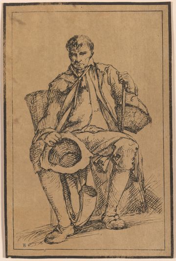 Forty Lithographic Impressions from Drawings of Landscape Scenery by Thomas Barker, Selected from His Studies of Rustic Figures after Nature: Seated Man with Baskets Holding Hat and Walking Stick